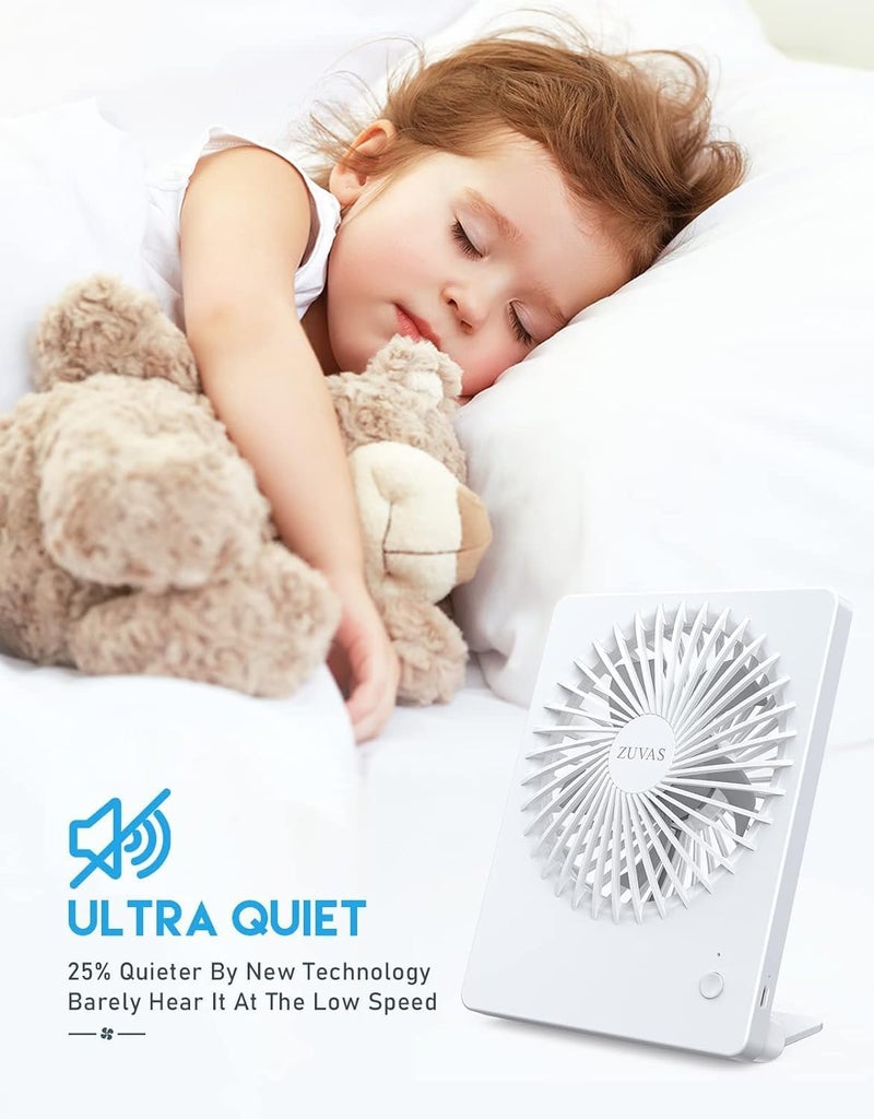 Zuvas Desk Fan Battery Operated Fan Rechargeable 180°Tilt Folding Personal Fan Ultra Quiet Small Portable 3 Speed Adjustable Strong Wind Fan For Office Bedroom Home Desktop Camping (White) - Image 2